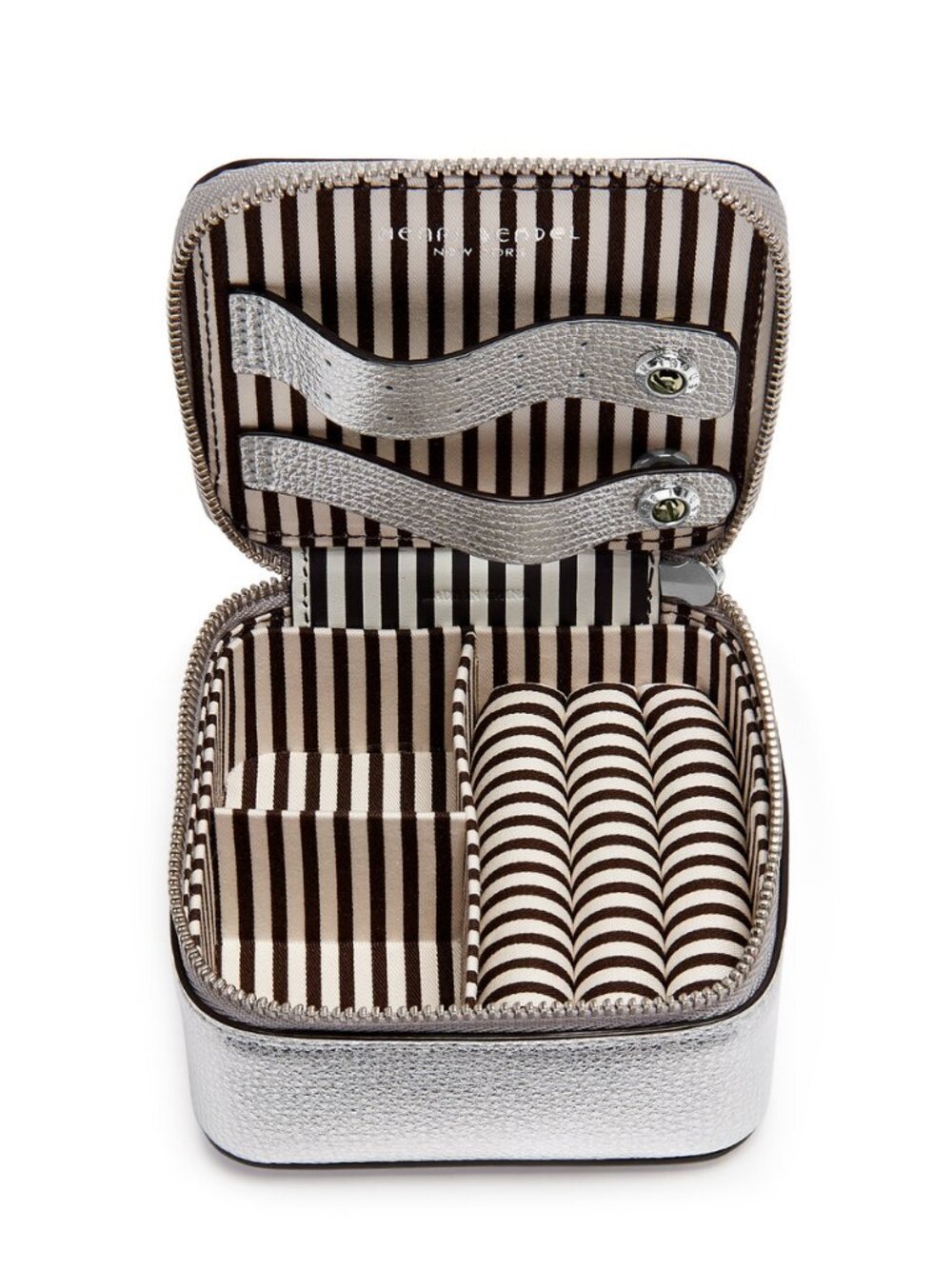New! Henri Bendel Silver Leather Travel Jewelry Case with Centennial Stripe Int.